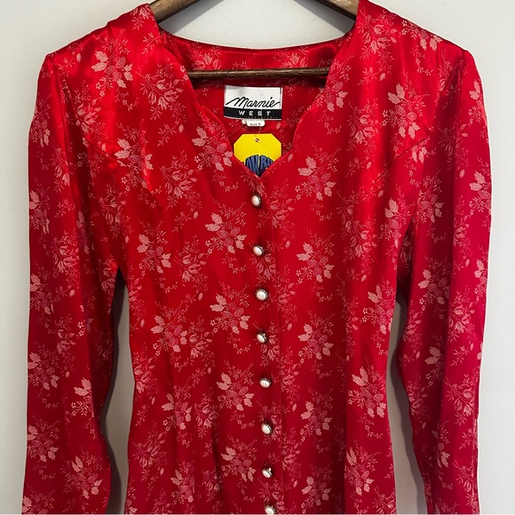 NWT Marnie West Vintage Satin Feeling Floral Red Pearl Button Dress Women’s 6 - Picture 3 of 14